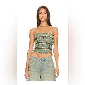 Zip Diamanté Denim Corset in Blue Wash